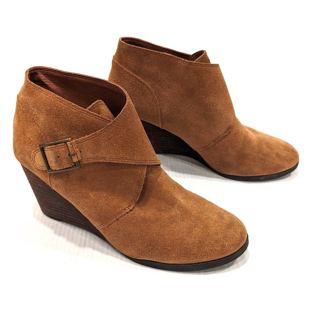 LUCKY BRAND Sumarah Monk buckle brown suede leather wedge ankle booties size 9.5